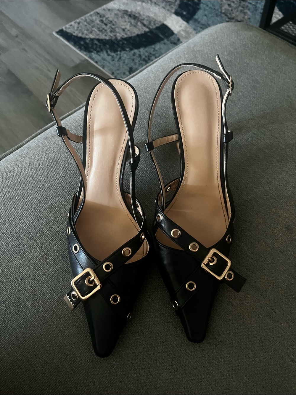 ZARA Black Slingback Pointed-Toe Heels with Gold Hardware